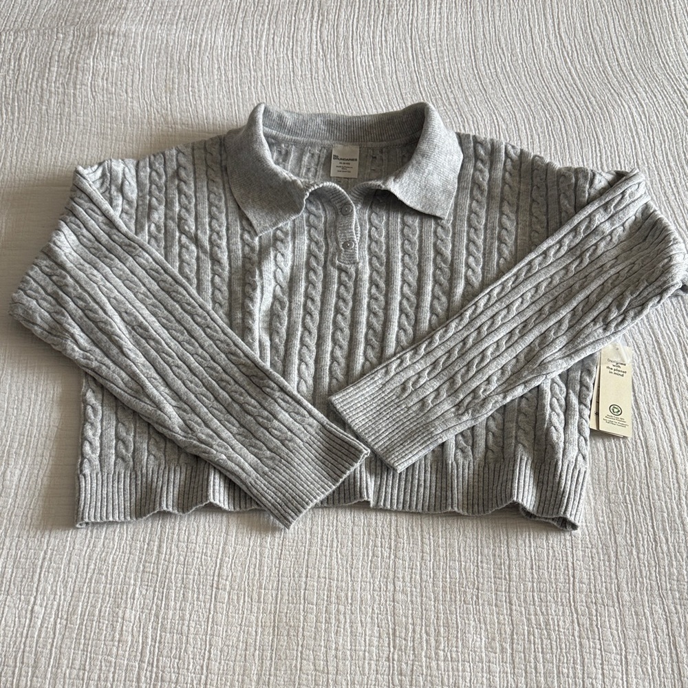 No Boundaries Light Gray Cable-Knit Polo Sweater / M